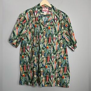 RJC made in Hawaii cotton button up shirt surf board palm‎ leaf  print vacation